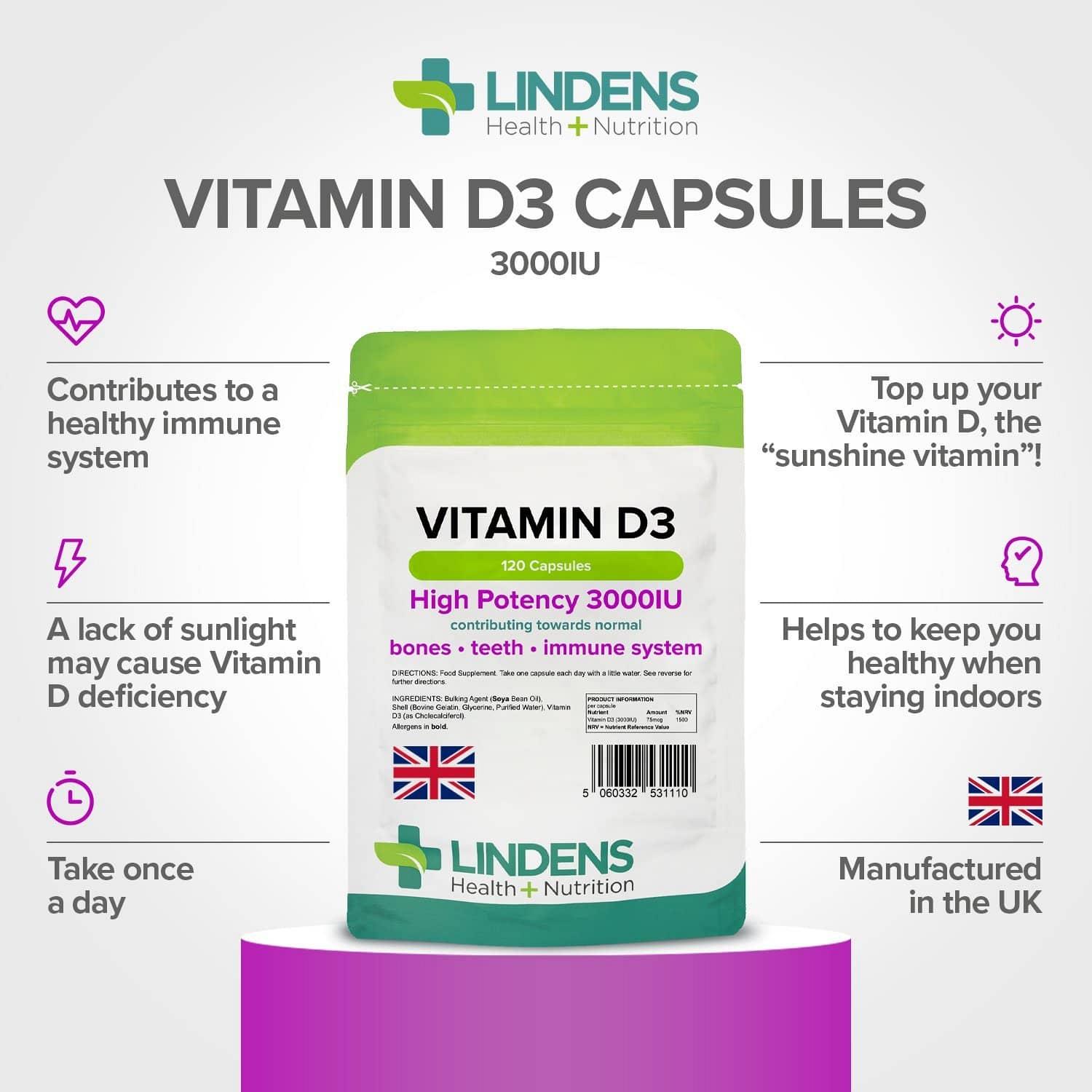 Lindens Vitamin D3 3000IU Capsules